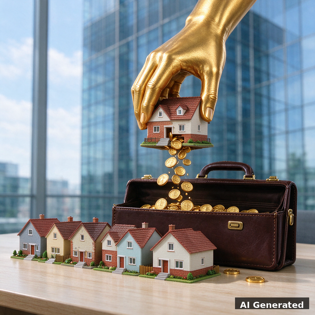 AI generated image: golden hand lifting a miniature care home from a row of cottages, coins spilling into briefcase