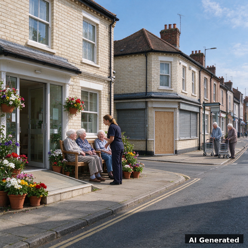 AI generated image: prosperous care home on one side of a sunlit street, boarded-up care home and waiting elderly people on the other