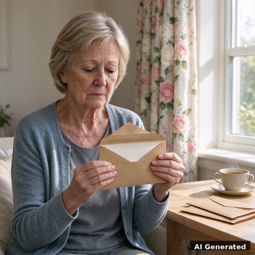 AI generated image: elderly woman in a bright front room holding an empty pension envelope