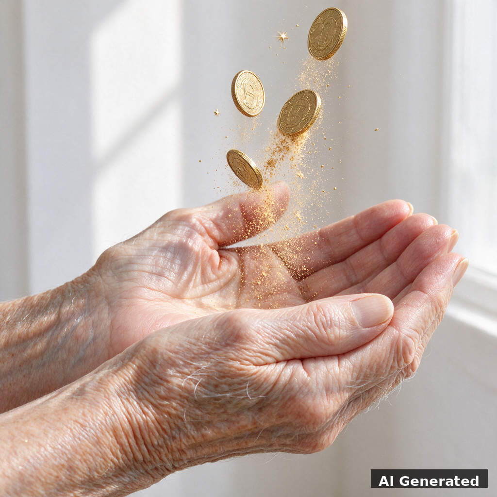 AI generated image: coins dissolving into dust above cupped elderly hands in window light