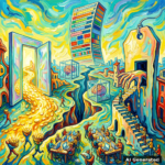 AI Generated expressionist-surrealist collage: free open tools versus rented AI, Berlin hackathon allegory