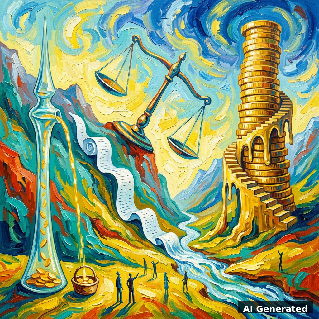 Surrealist expressionist painting of a price gap: a slender free glass spire beside a colossal golden toll tower