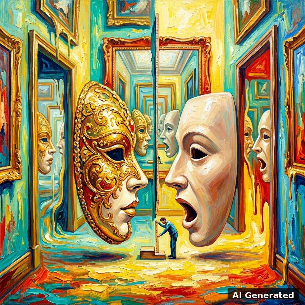 Surrealist expressionist painting of two nearly equal masks separated by a single small step