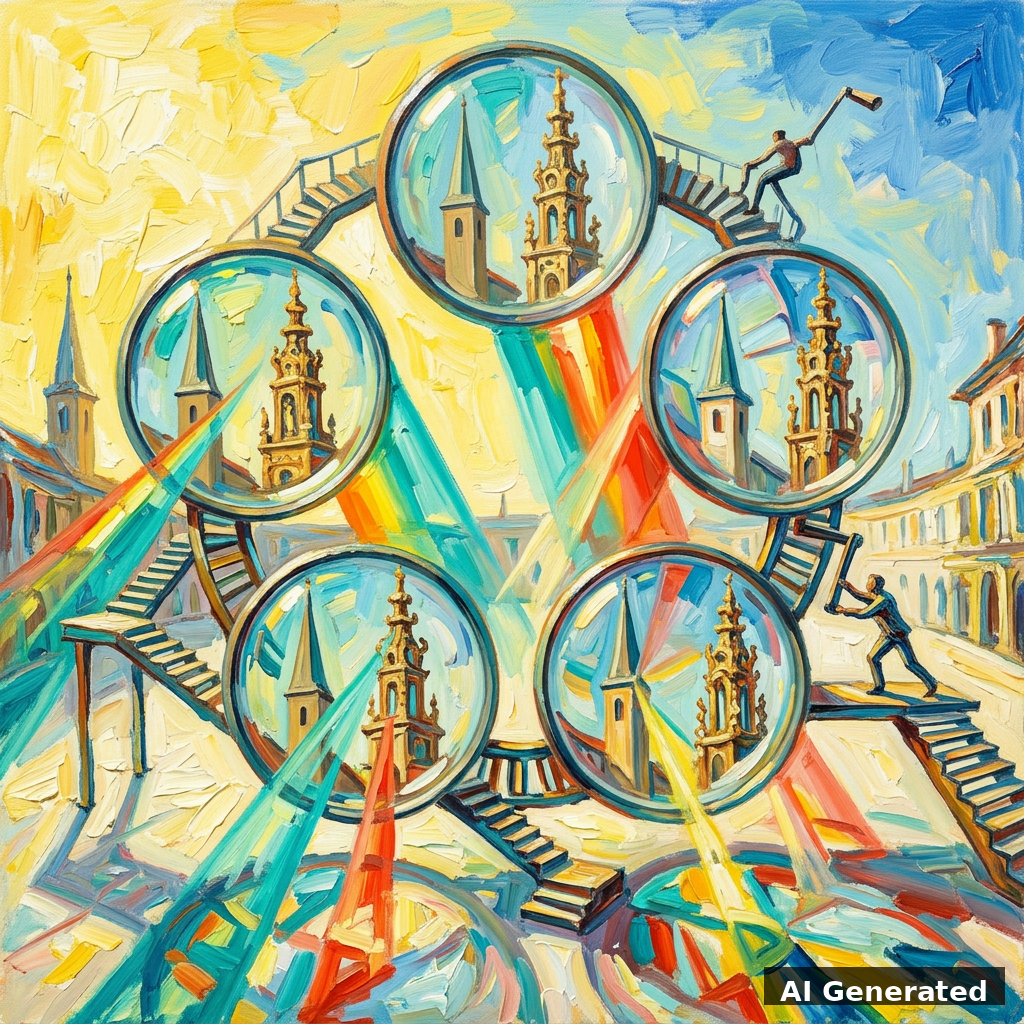 Surrealist expressionist painting of a five-lensed kaleidoscope machine comparing two towers
