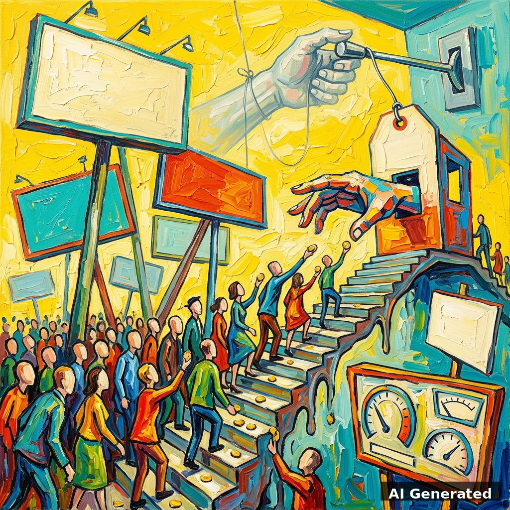 Surrealist expressionist painting of a crowd climbing a melting toll staircase handing over coins