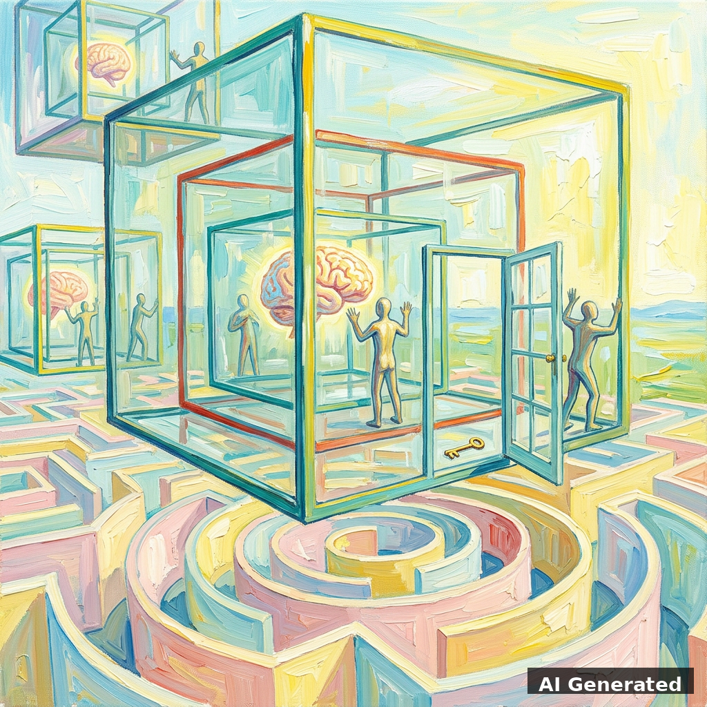 Surrealist expressionist painting of floating glass boxes caging glowing brains, key forgotten on the floor