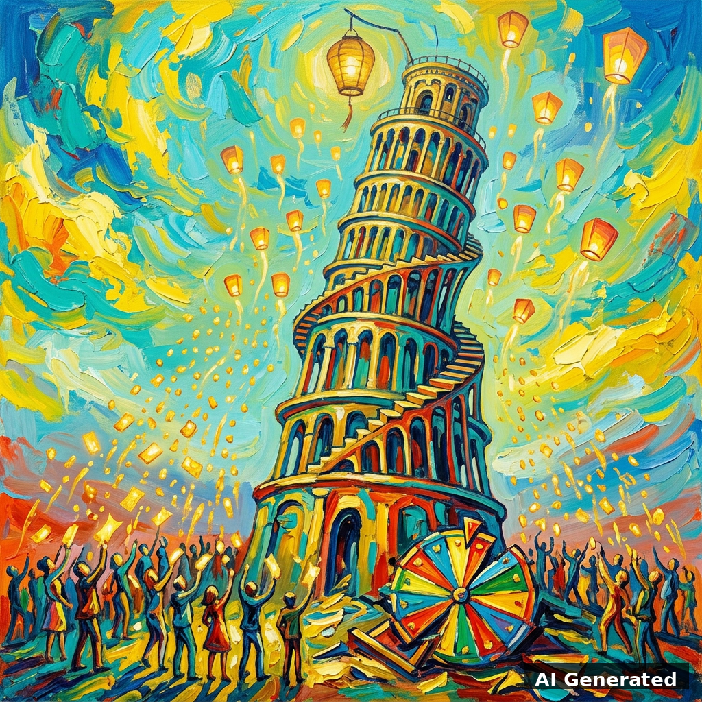 Surrealist expressionist painting of a crooked leaderboard tower with golden ballots rising