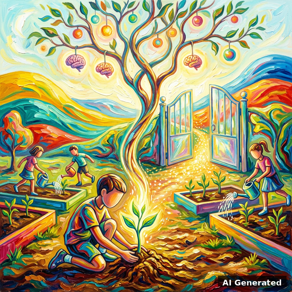 Surrealist expressionist painting of students growing luminous model-trees through a wide free gate