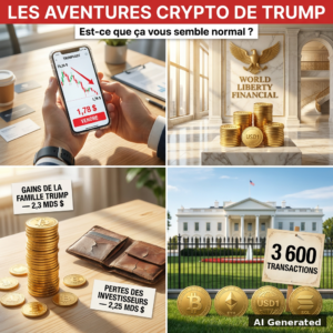 Généré par IA : collage éditorial — les aventures crypto de Trump